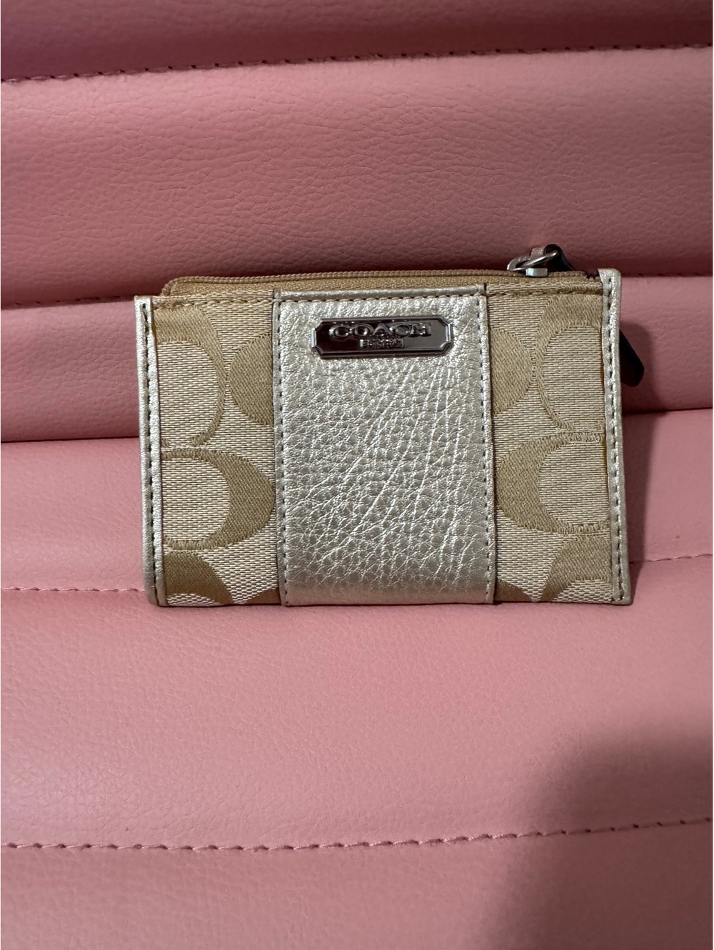C2.7 Coach signature C-canvas and metallic gold leather mini zip coin/card case